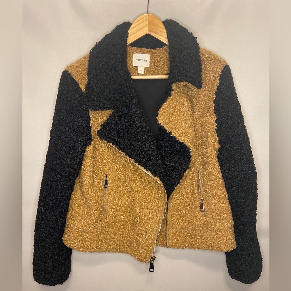 Nine West Teddy/Sherpa Moto Tan/Black Jacket Size Large Zip Pockets